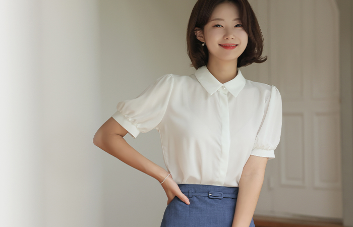 シングル 真珠 ポイント 隠しボタン 半そで ブラウス