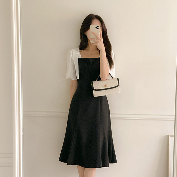 配色 ショルダー リボン パピヨンスリープ マーメイド ワンピース