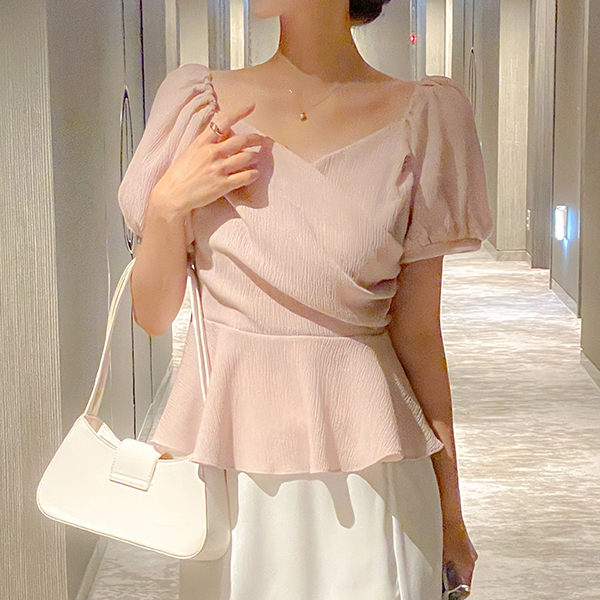 ロマンチック 뒷 リボン ペプラム リンクル ブラウス