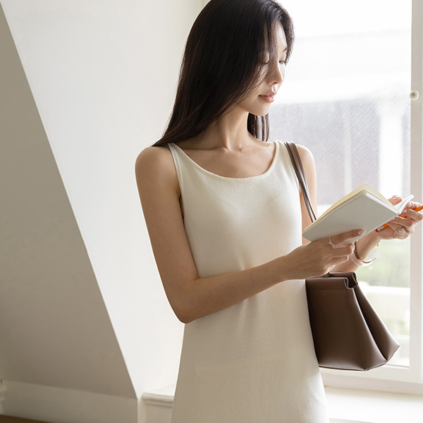 ほっそりした 基本 ロング ニット 袖なし ワンピース