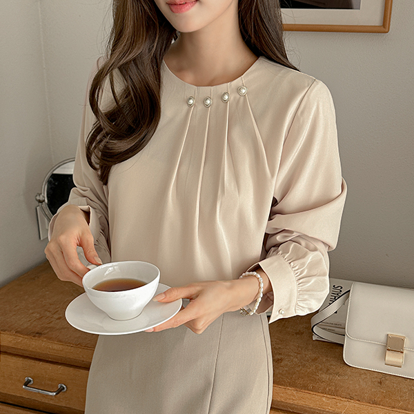 エレガンス 真珠 ピンタック クリーミー ブラウス