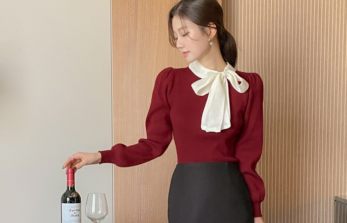 캐츠 リボン タイ 配色 ニット