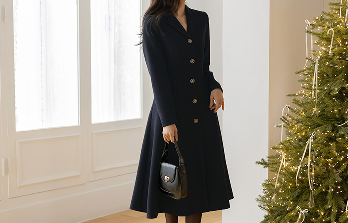 ODE カラーネック ベルティード Aライン ツイード ワンピース