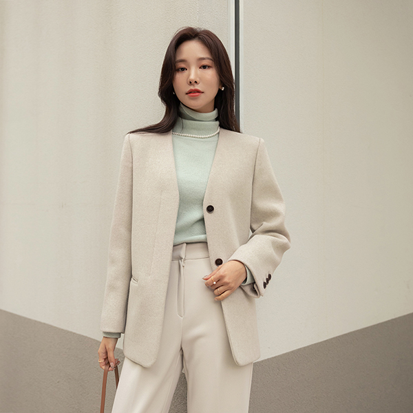 [O:neul] Well made 隠しボタン ノーカラー ウール ジャケット