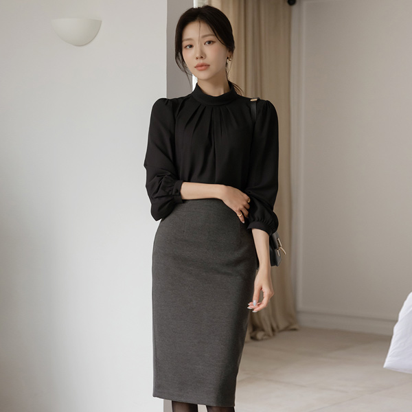 スワン ピンタック ハーフネック ブラウス