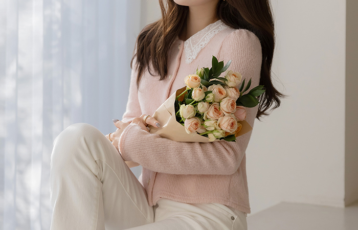 ローズ レイス カラー ウール パフ ニット カーディガン