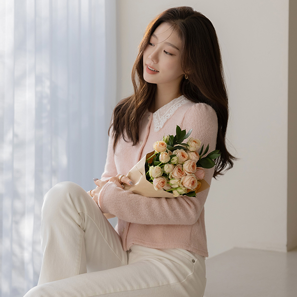 ローズ レイス カラー ウール パフ ニット カーディガン