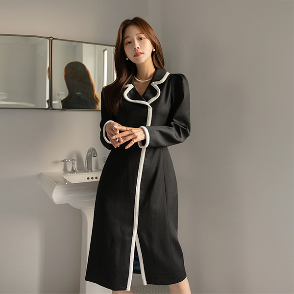 [O:neul] プレミアム 配色 ライン パフショルダー ウール ワンピース