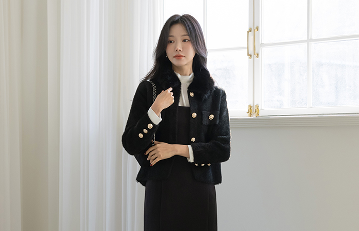 ファー カラーネック ODE ゴールドボタン カーディガン