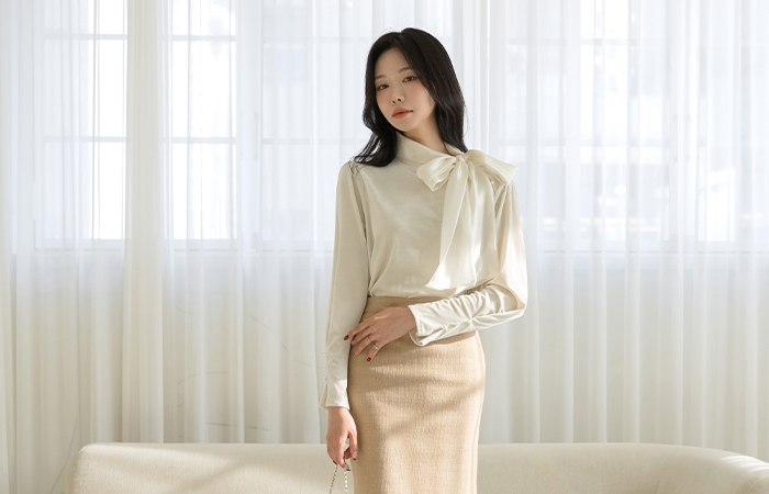 スカーフネック ベルベット 真珠 ブラウス