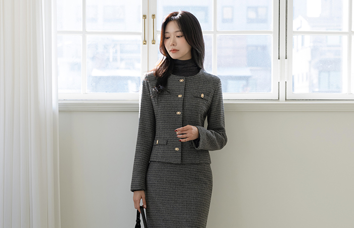 毛織 チェック ウール キルティング Set-up ジャケット