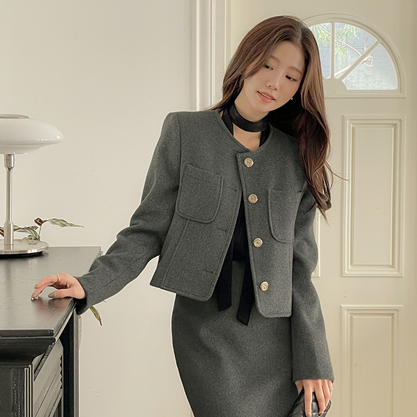 フォーマル ゴールド ラウンドネック ウール Set-up ジャケット