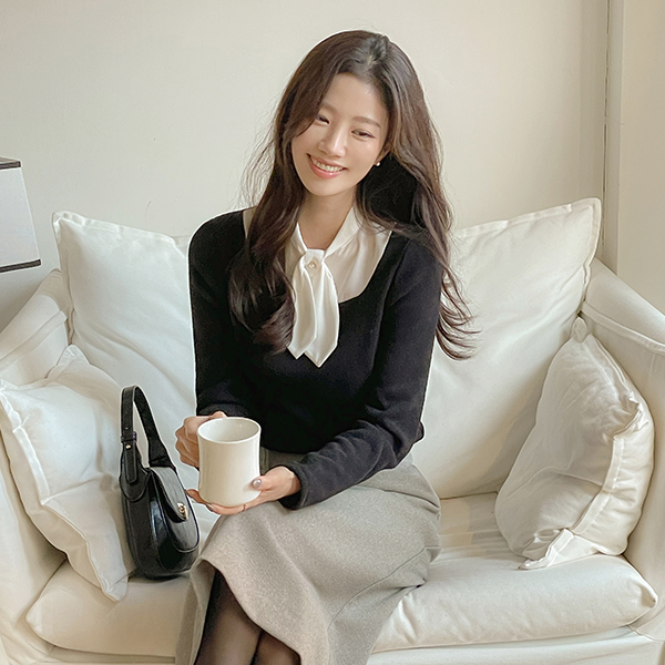 配色 真珠 タイネック レイヤード ニット