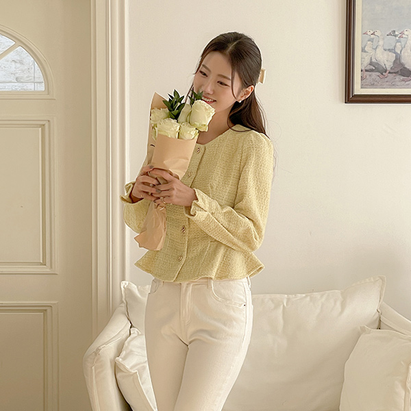 ぽかぽかした パール ツイード ウール ペプラム ブラウス