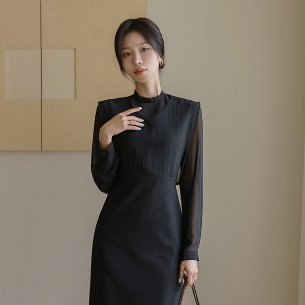 Loel シフォン 配色 タイネック ワンピース