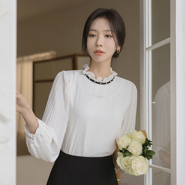 袖 しわ 真珠 プリルネック ブラウス