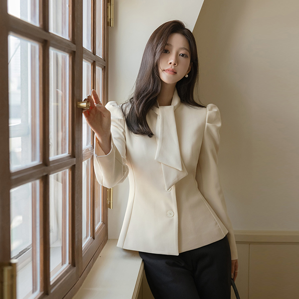 쇼잉 パフ 袖 タイネック ジャケット ブラウス