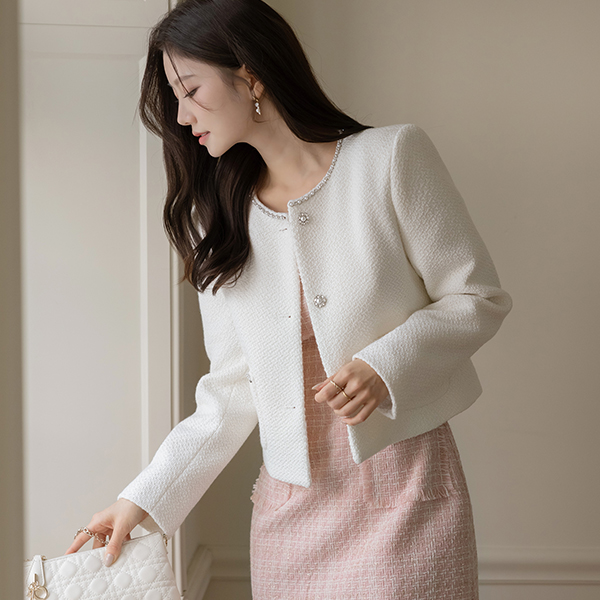 真珠 キュービック ラウンドネック ツイード ジャケット