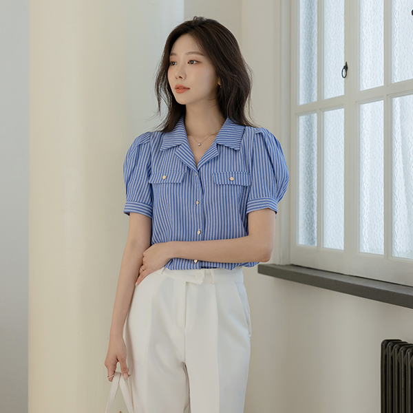 썸머리 ストライプ パフ 袖 ブラウス