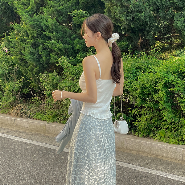 フリル パンチング レースネック キャップそでなし
