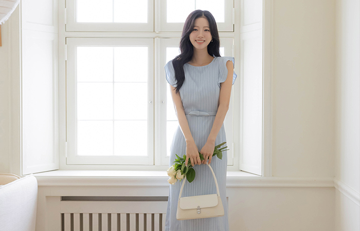 Ellin フリル袖 ストライプ ワンピース(+ベルト)