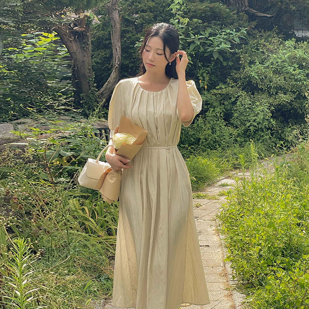 ピンタックネック 내추럴핏 ロング ワンピース(+ベルト)