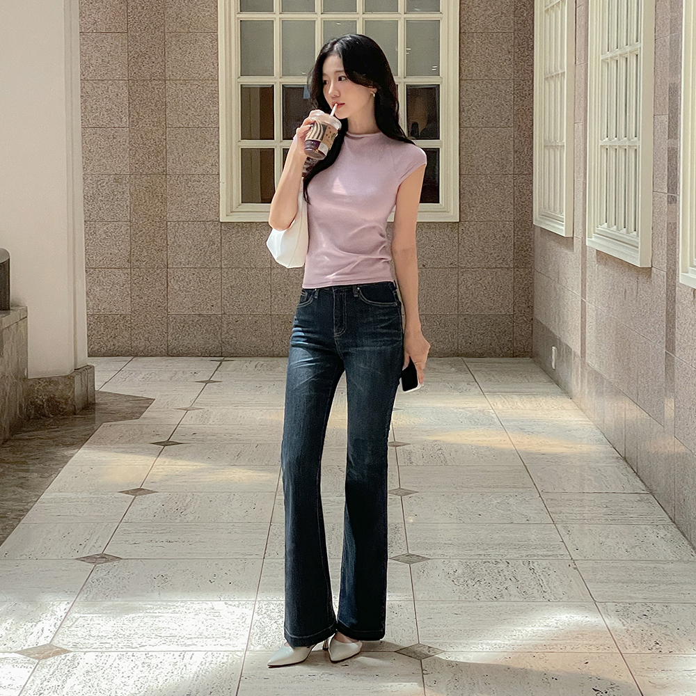 細かく美しい Stretchy-Waist ブーツカット デニム パンツ