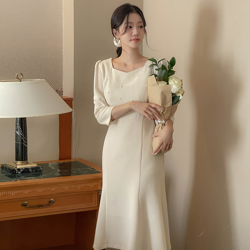 ロマンチック 오각넥 真珠 マーメイド ワンピース
