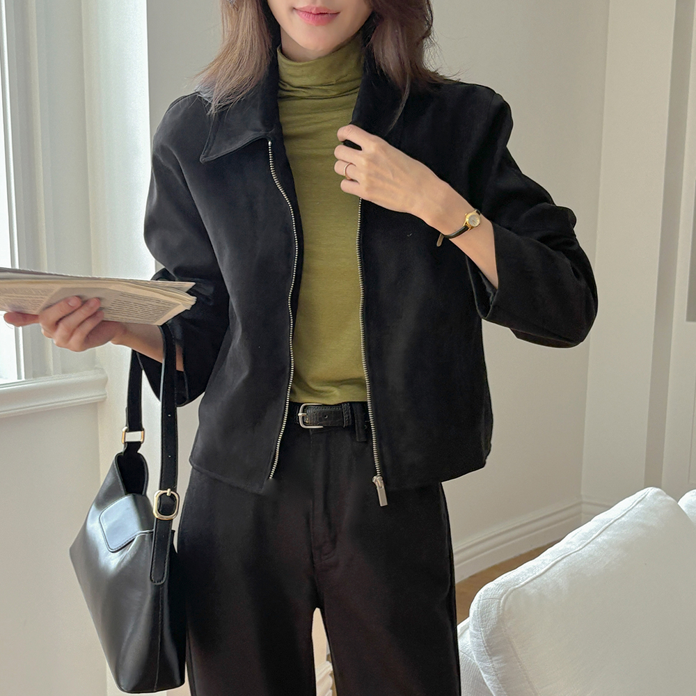 トレンディー スエード クロップド ジップアップ ジャケット