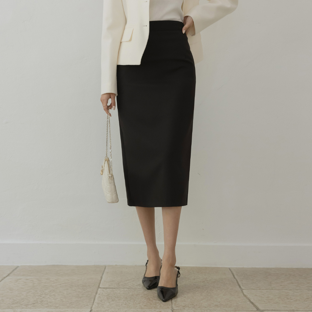 シンプル ミディライン ハイウエスト 弾力 スカート