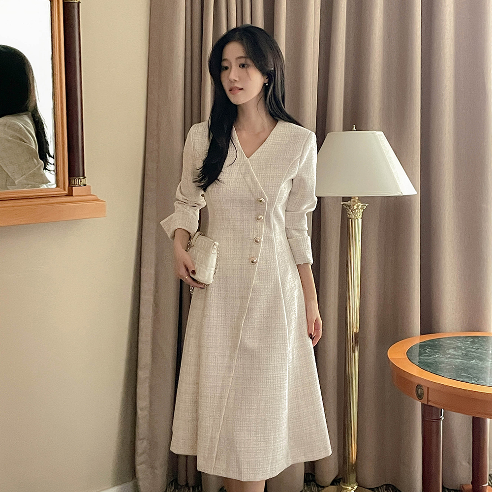 Merry 斜線 ボタン ツイード ロング Aライン ワンピース