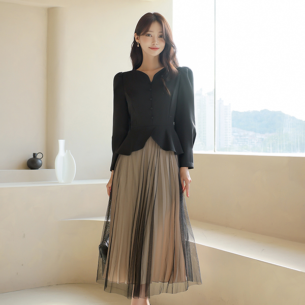 ハートネック ペプラム チュール 配色 プリーツ ワンピース