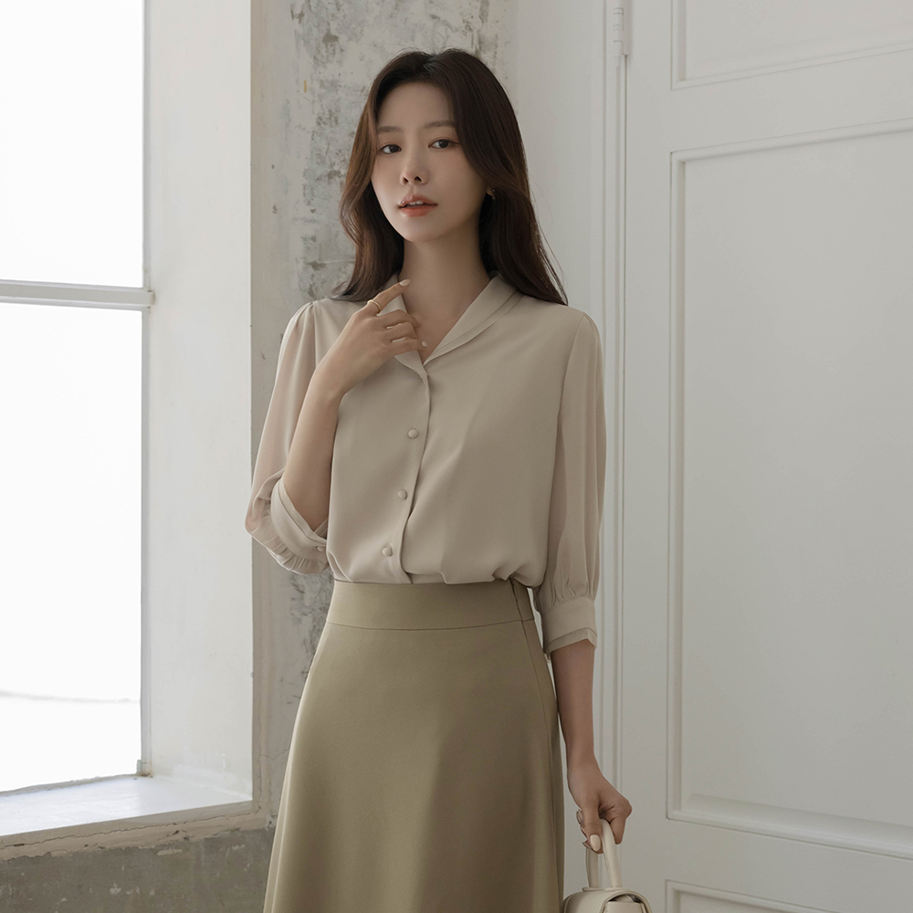 オーガンザ ショールカラー 配色 クロップド ブラウス