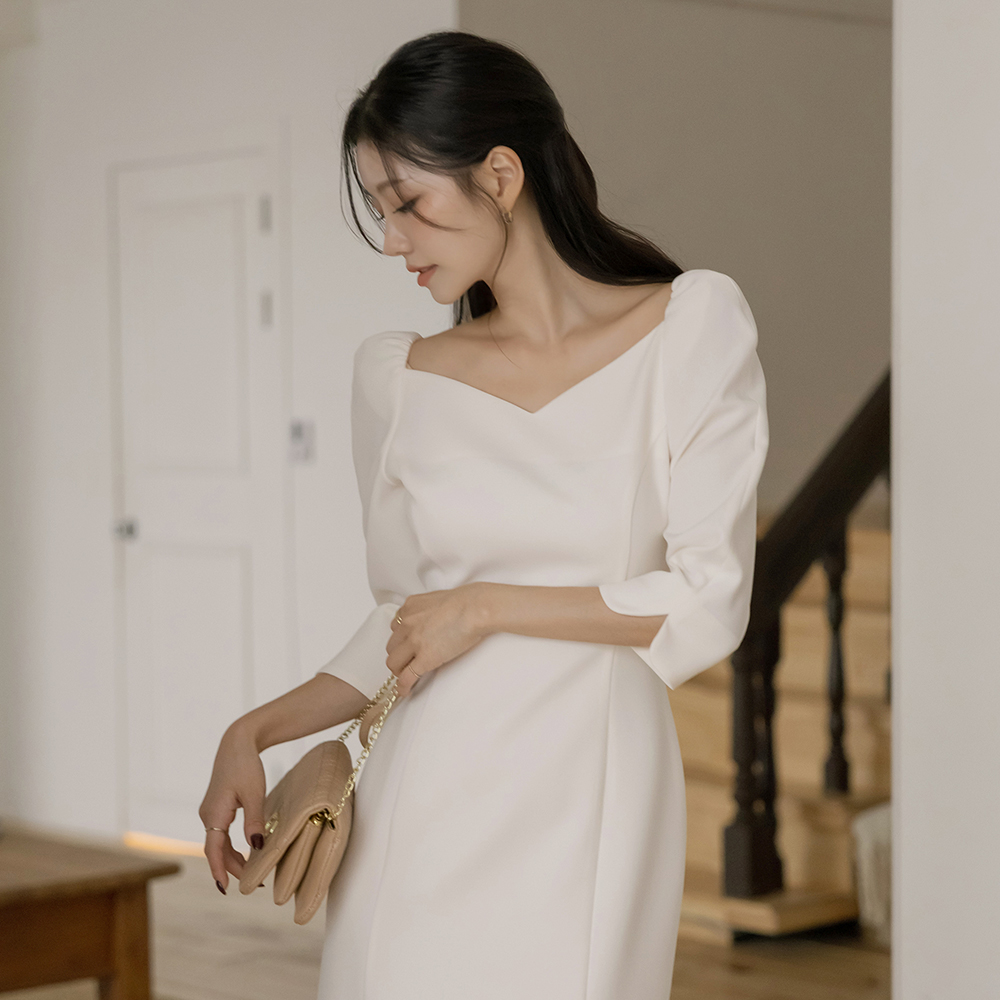 プレミアム ロマンチック ハートネック パフ スリム ワンピース