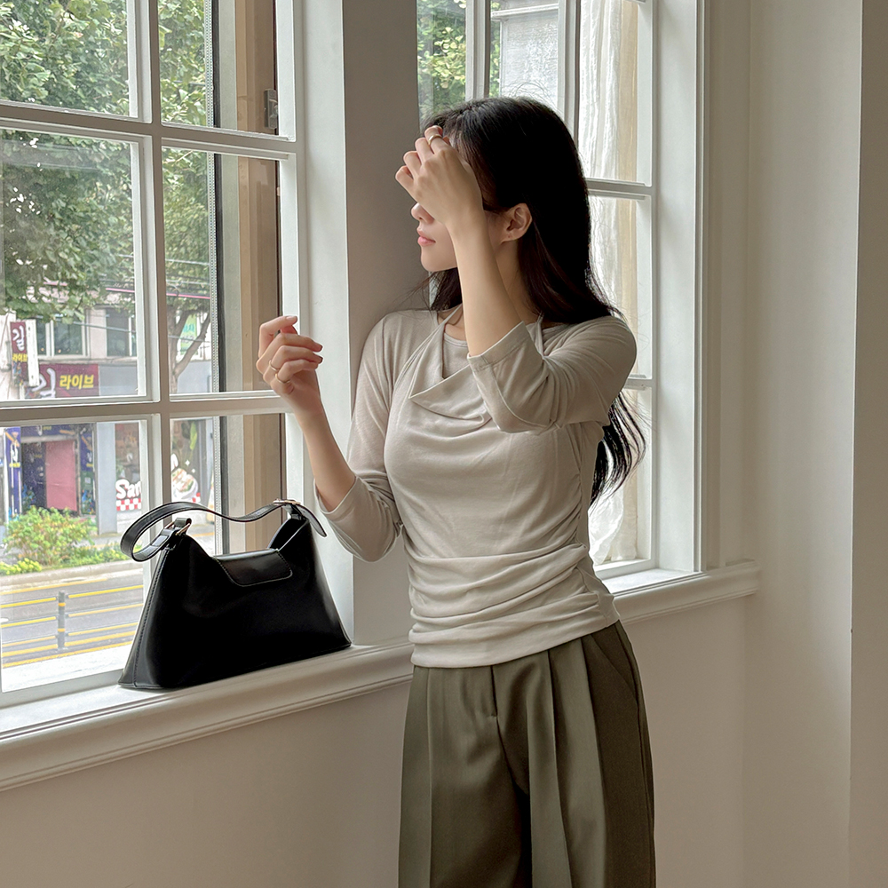 ホールターネック レイヤード スタイル テンセル ティーシャツ