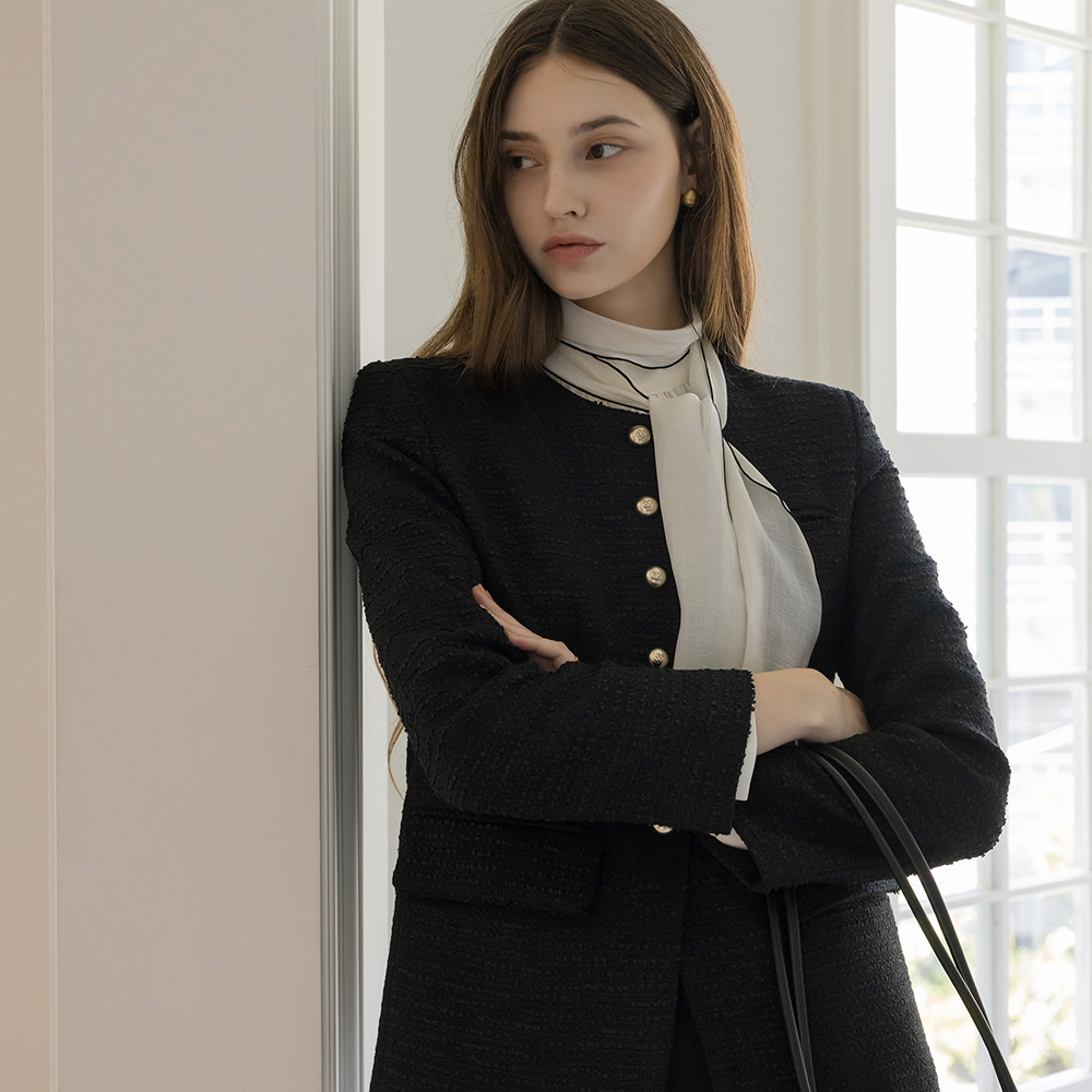 Mari シングル ラウンドネック ツイード ジャケット