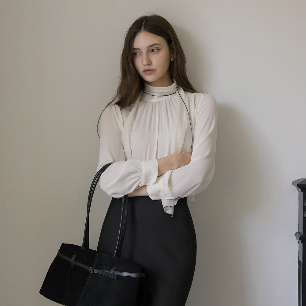 シャーリング しわ 配色 ブラウス(+スカーフ)