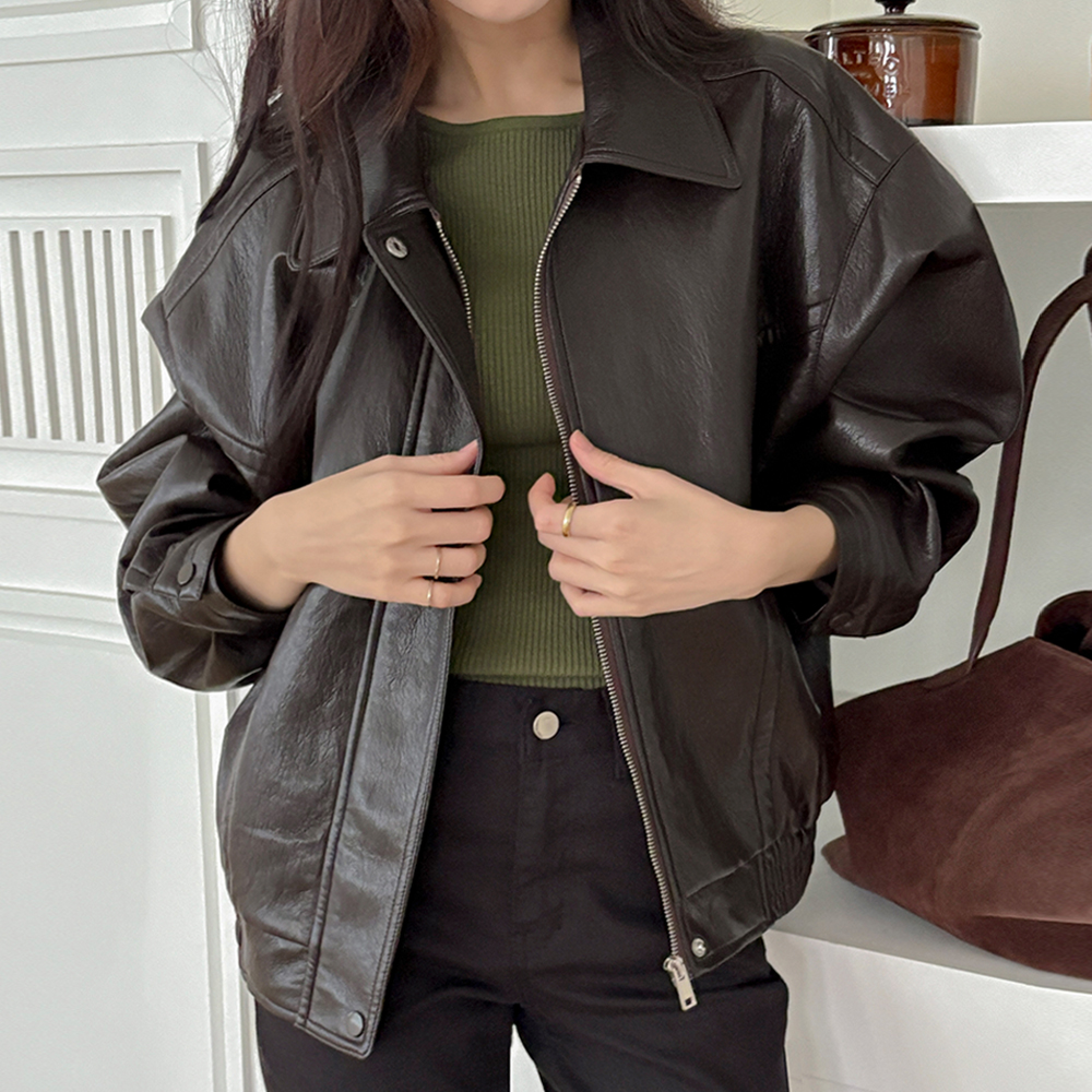 カラー ジップアップ 비건 レザー ジャンパ