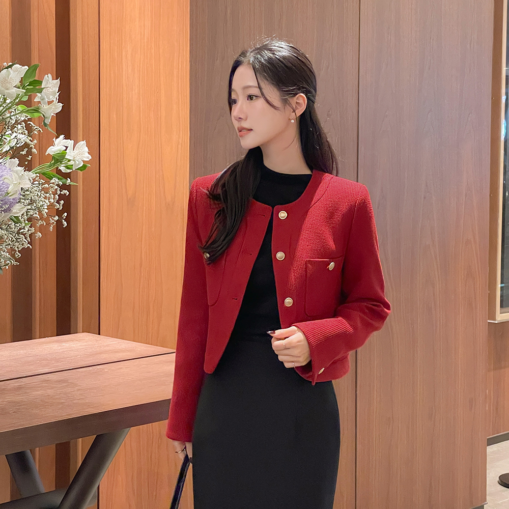 ルビー フォーマル クロップド ラウンド ツイード ジャケット