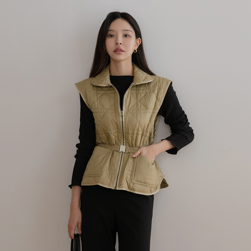 カラーネック キルティング ジッパー バディング ベスト(+ベルト)