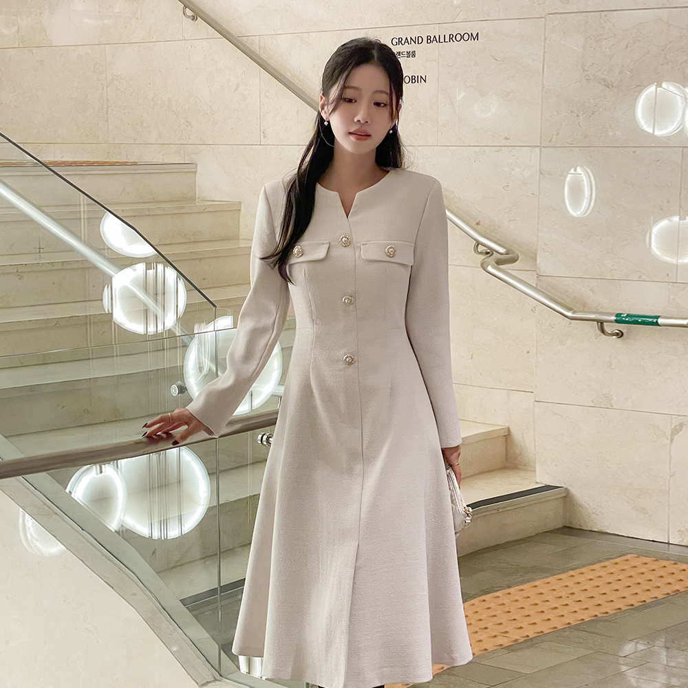 ルーシー 切開ネック ツイード Aライン ワンピース