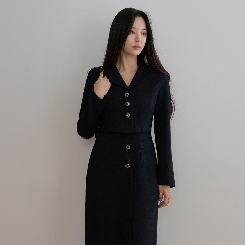 クリスタル ツイード レイヤード 長袖 ワンピース