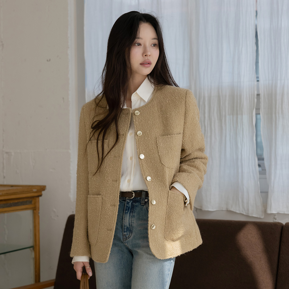 ラウンドネック ウール ブークレ ツイード ジャケット