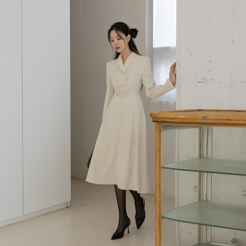 ショールカラー 真珠ボタン Aライン ツイード ワンピース(+ベルト)