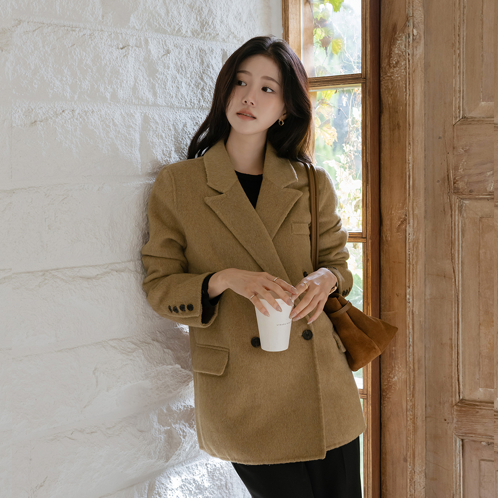 カラーネック ダブル ボタン ウール ハンドメード ハーフ コート