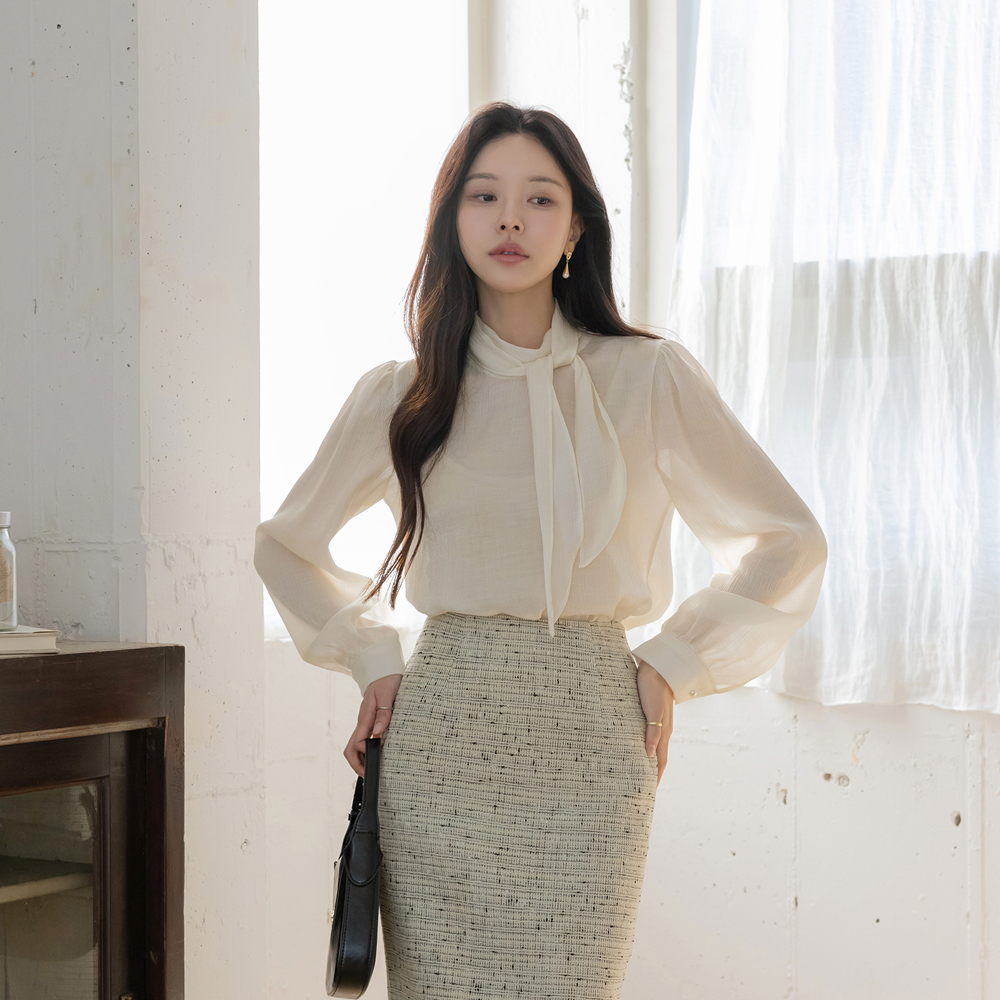 スカーフネック パール シースルー ブラウス