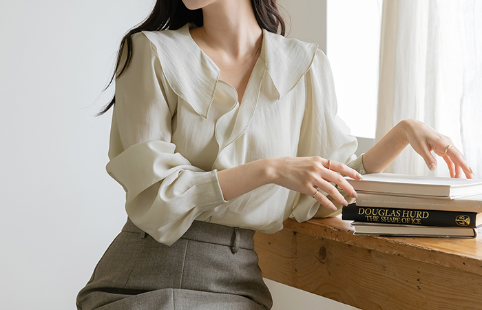 フリル カラーネック テンセル 長袖 ブラウス