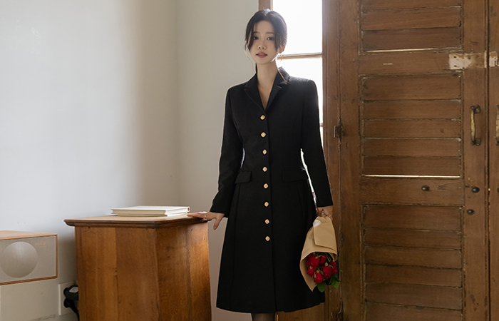 カラーネック ゴールドボタン Aライン ツイード ワンピース