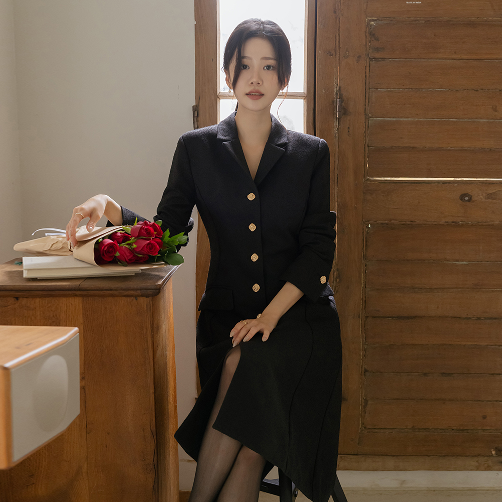 カラーネック ゴールドボタン Aライン ツイード ワンピース