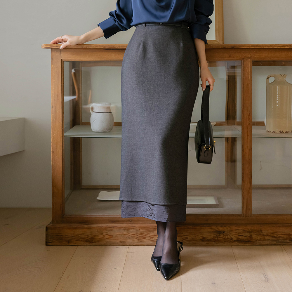 シースルー 配色 Hライン ロング スカート(+ベルト)